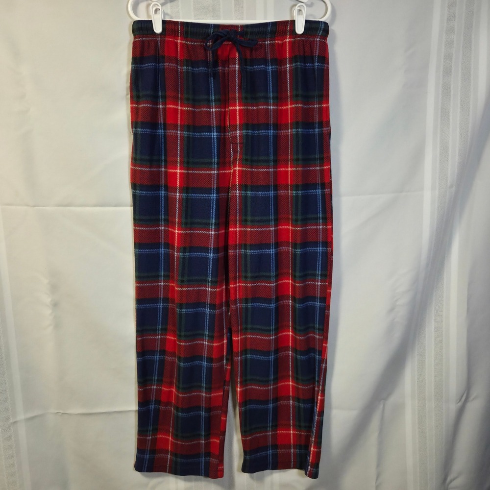 Unbranded Lounge Pants Mens 32 Red Blue Plaid Fleece Pajama Bottoms Pockets